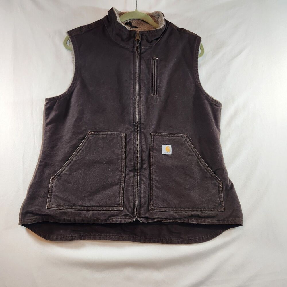 Carhartt Womens Vest Brown Canvas Sherpa Lined WV001 DKB Large12/14 Farm Ranch
